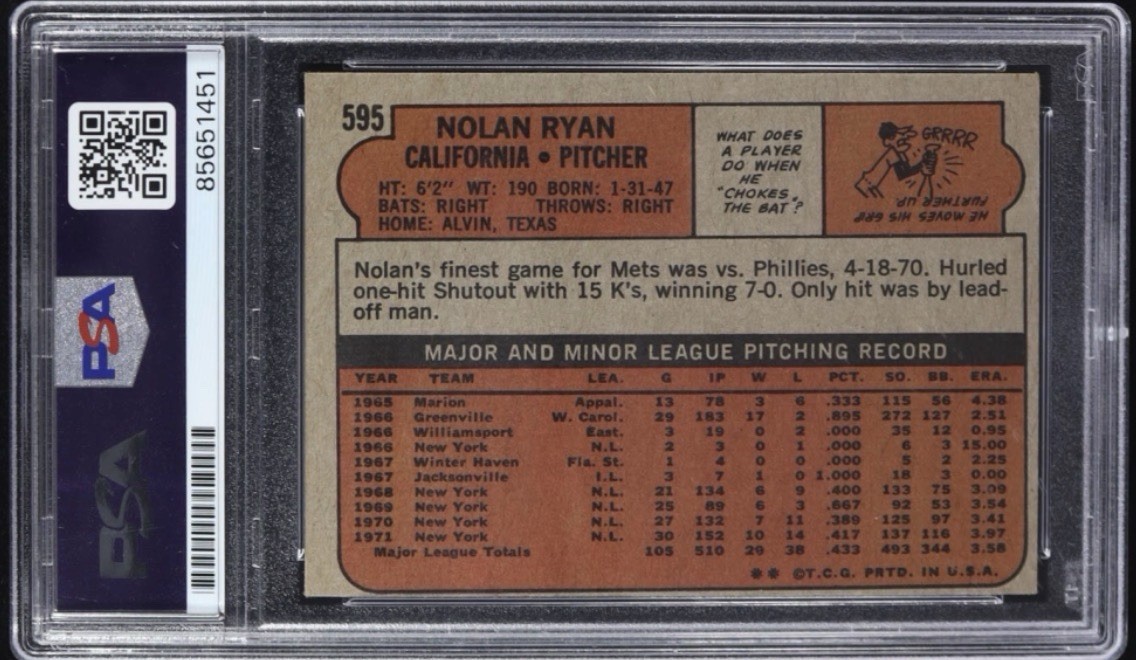 Nolan Ryan Signed 1972 Topps #595 Inscribed “324 Wins / 5,714 K’s” PSA Auto 10