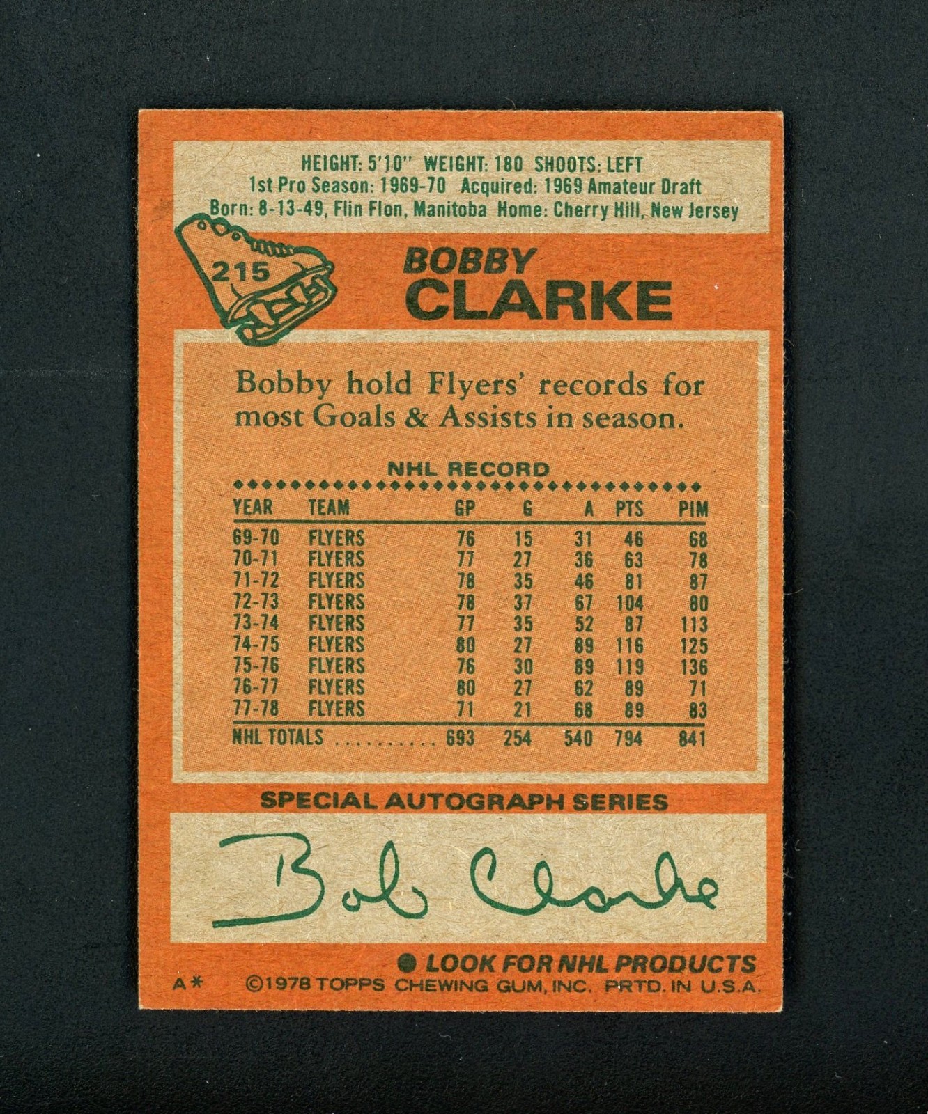 Bobby Clarke 1978 Topps (HOF) Philadelphia Flyers #215 EX-MT+