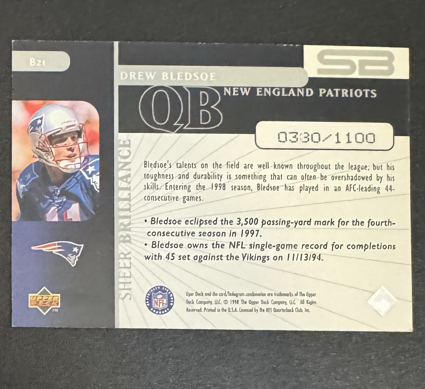 Drew Bledsoe 1998 Upper Deck Black Diamond Sheer Brilliance /1100 #B21 Patriots