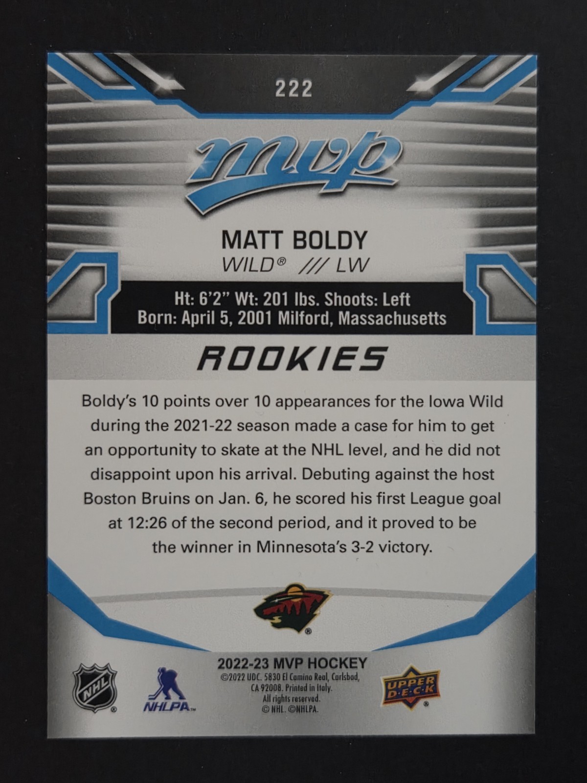 2022-23 Upper Deck MVP – Rookies Matt Boldy #222 (RC)