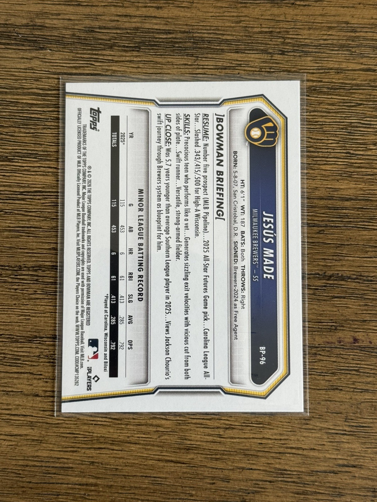 2026 Bowman Jesus Made Purple Parallel /250 BP-96 Milwaukee Brewers