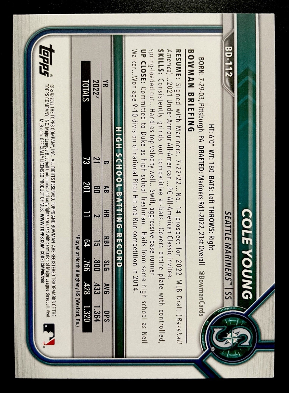 Cole Young 2022 Bowman Draft Gold #12/50 Rookie Card 1st RC #BD112 Mariners