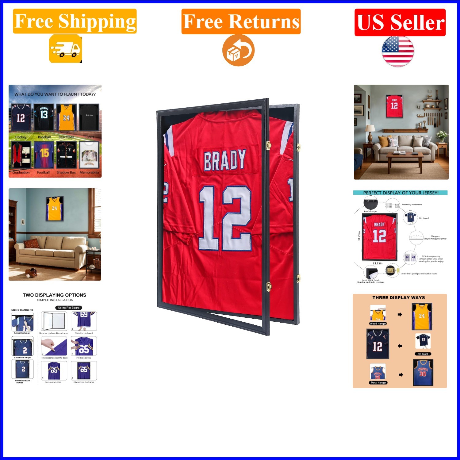 Black Wooden Jersey Display Case with UV-Protected Acrylic & Three Mounting O…