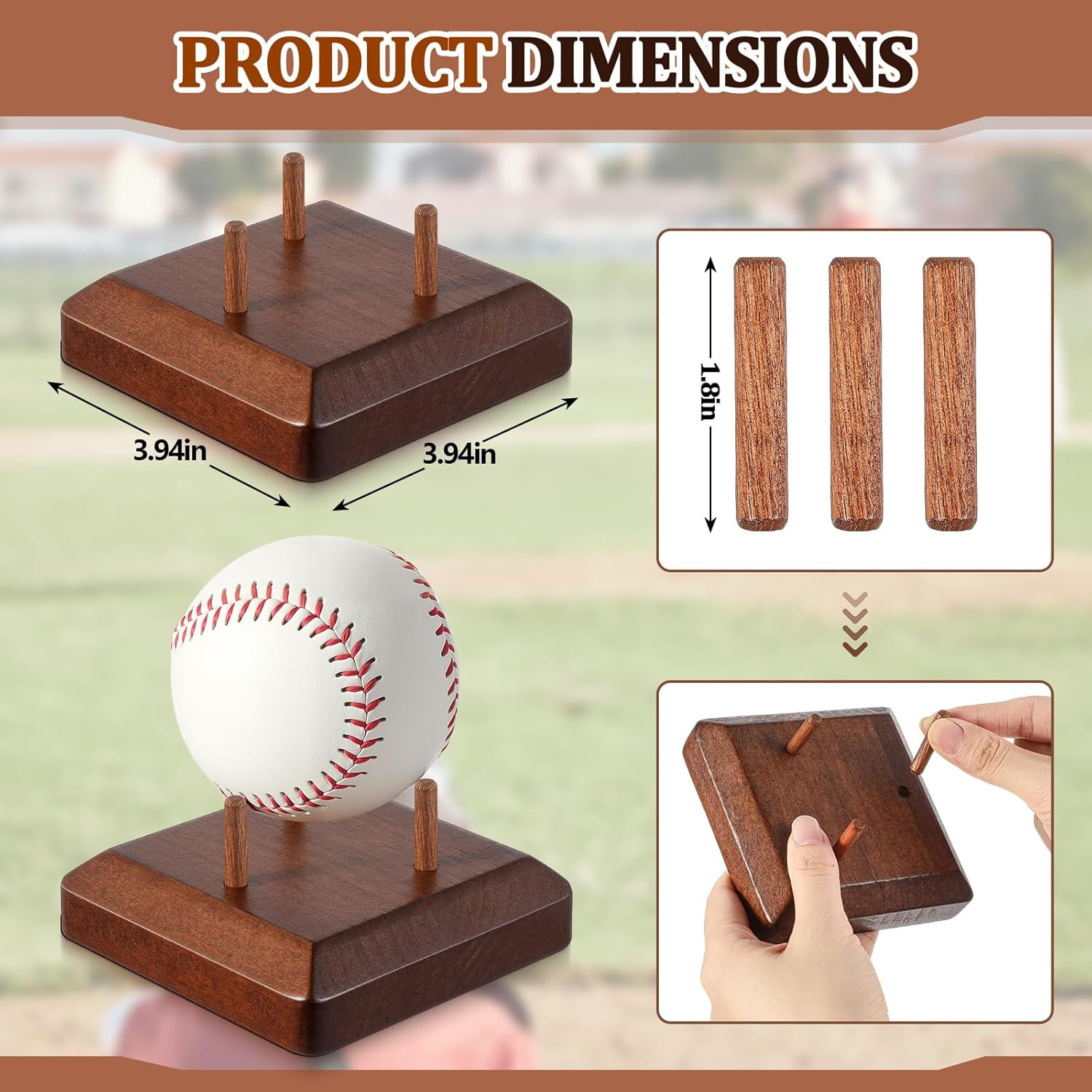 1 Pcs Baseball Display Holders Wooden Baseball Display Base with 3 Supporting Do