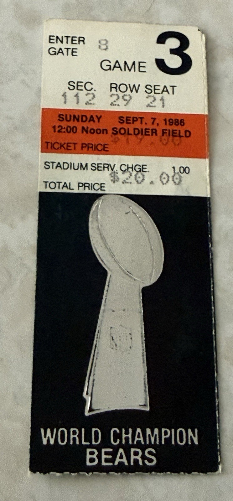 1986 BEARS vs Browns ticket stub 9/7/86 WALTER PAYTON Webster Slaughter Debut