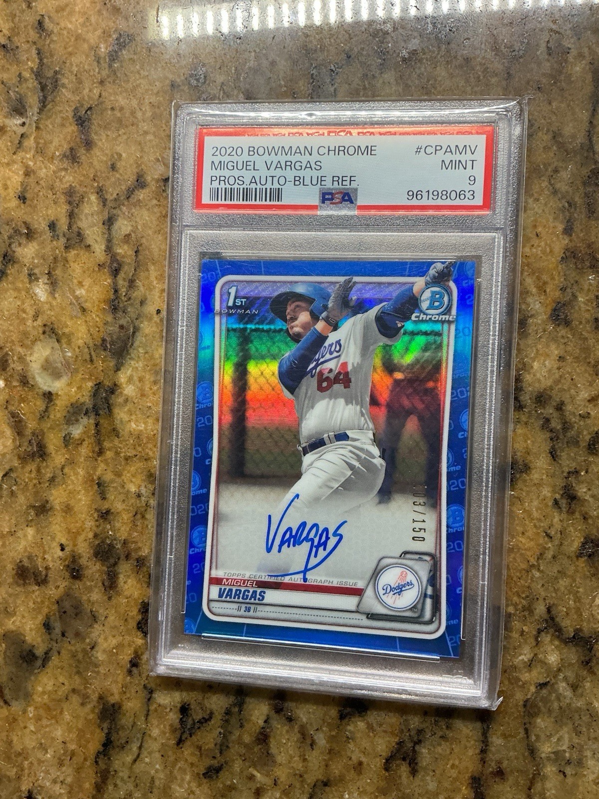 MIGUEL VARGAS 2020 Bowman Chrome Blue Refractor 1st ON CARD Auto #/150 PSA 9