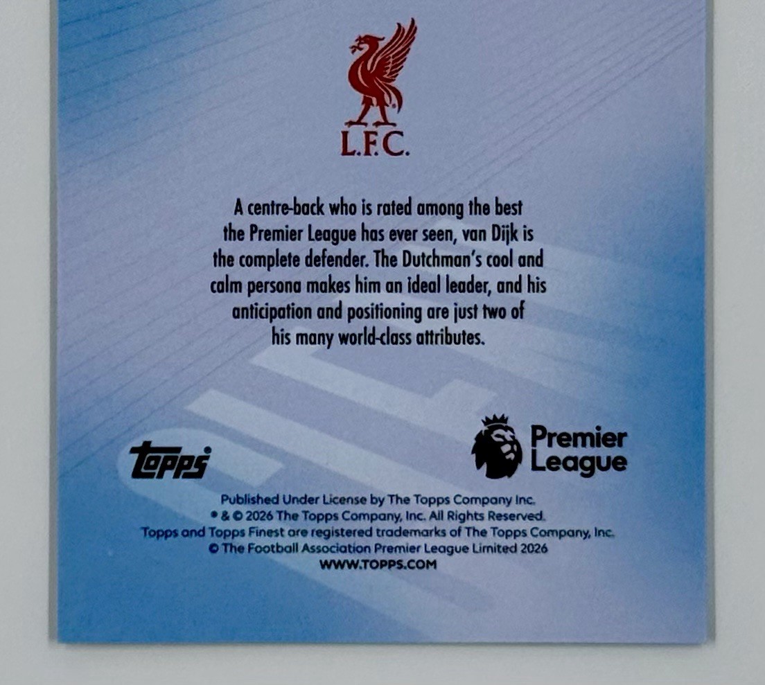2026 Topps Finest Premier League EPL Virgil Van Dijk #CN-1 Clean Liverpool FC