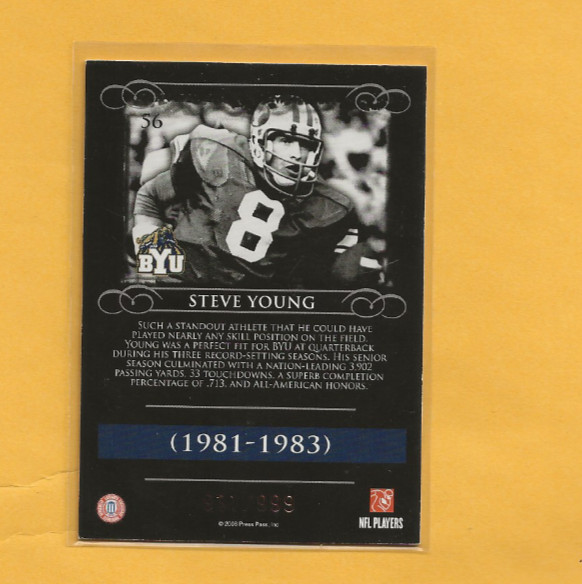 2008 Press Pass LEGENDS BRONZE #56 Steve Young 49’ers HOF #931/999