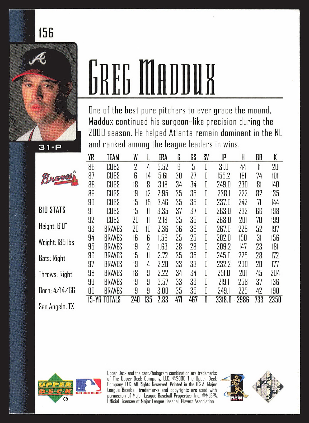 2001 Upper Deck #156 Greg Maddux