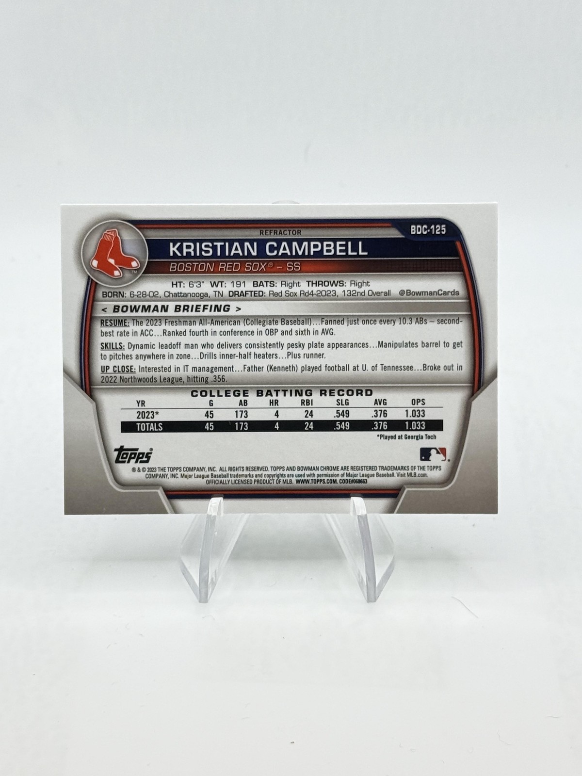 2023 Bowman Draft Kristian Campbell #BDC-125 Chrome 1st Bowman Refractor Red Sox