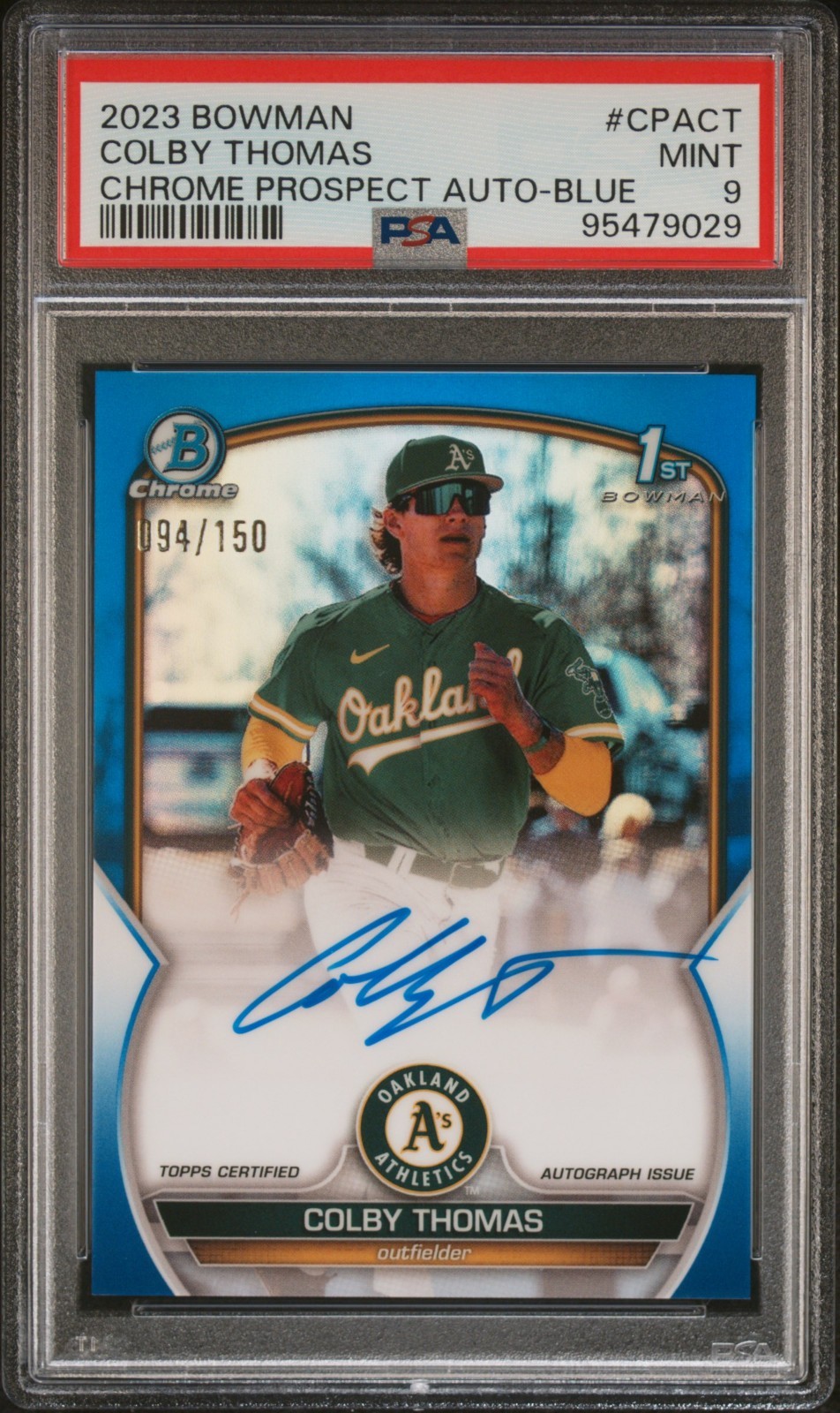 2023 Bowman Chrome Colby Thomas 1ST Prospect Auto Blue /150 #CPA-CT PSA 9 A’s