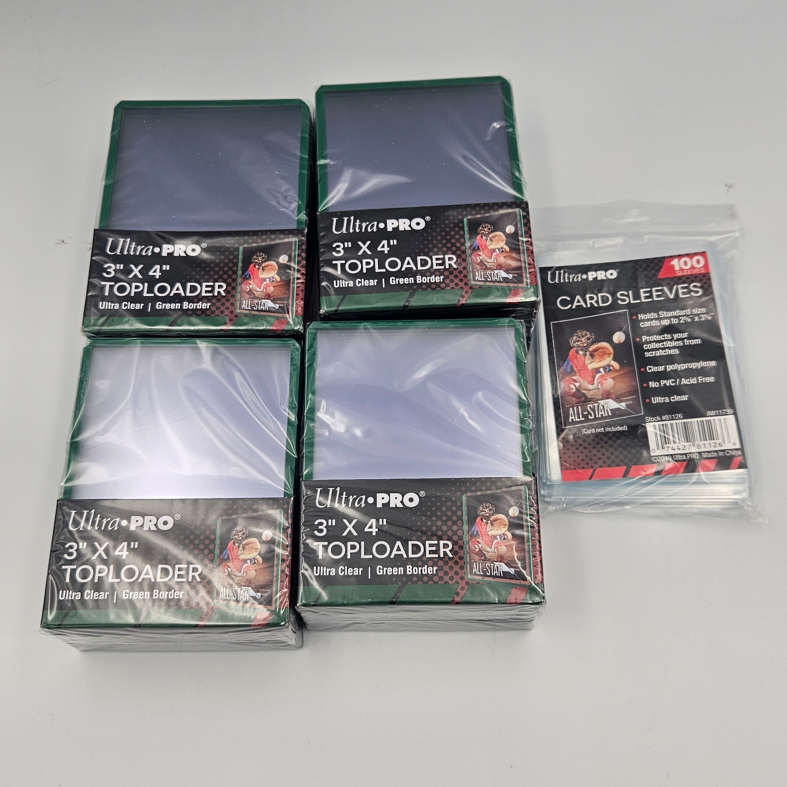 NEW SEALED – 100 Ultra Pro GREEN Regular 3 x 4 Toploaders + 100 Penny Sleeves