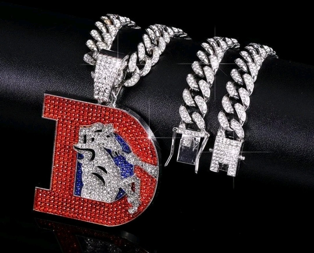Throwback Classic Denver Broncos Silver Chain 24″ Iced Out Pendant Necklace