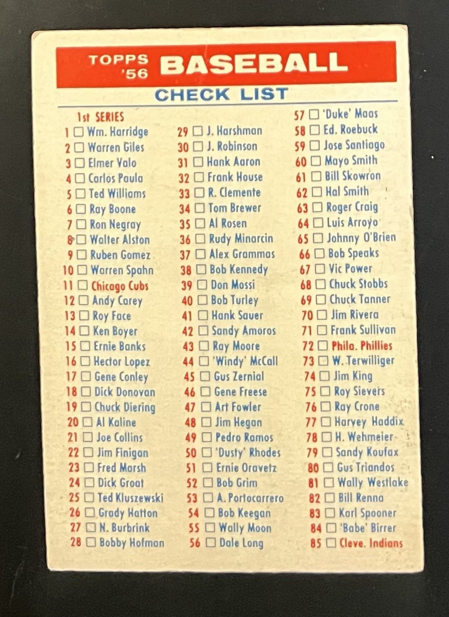 1956 Topps – Checklists Series 1/3