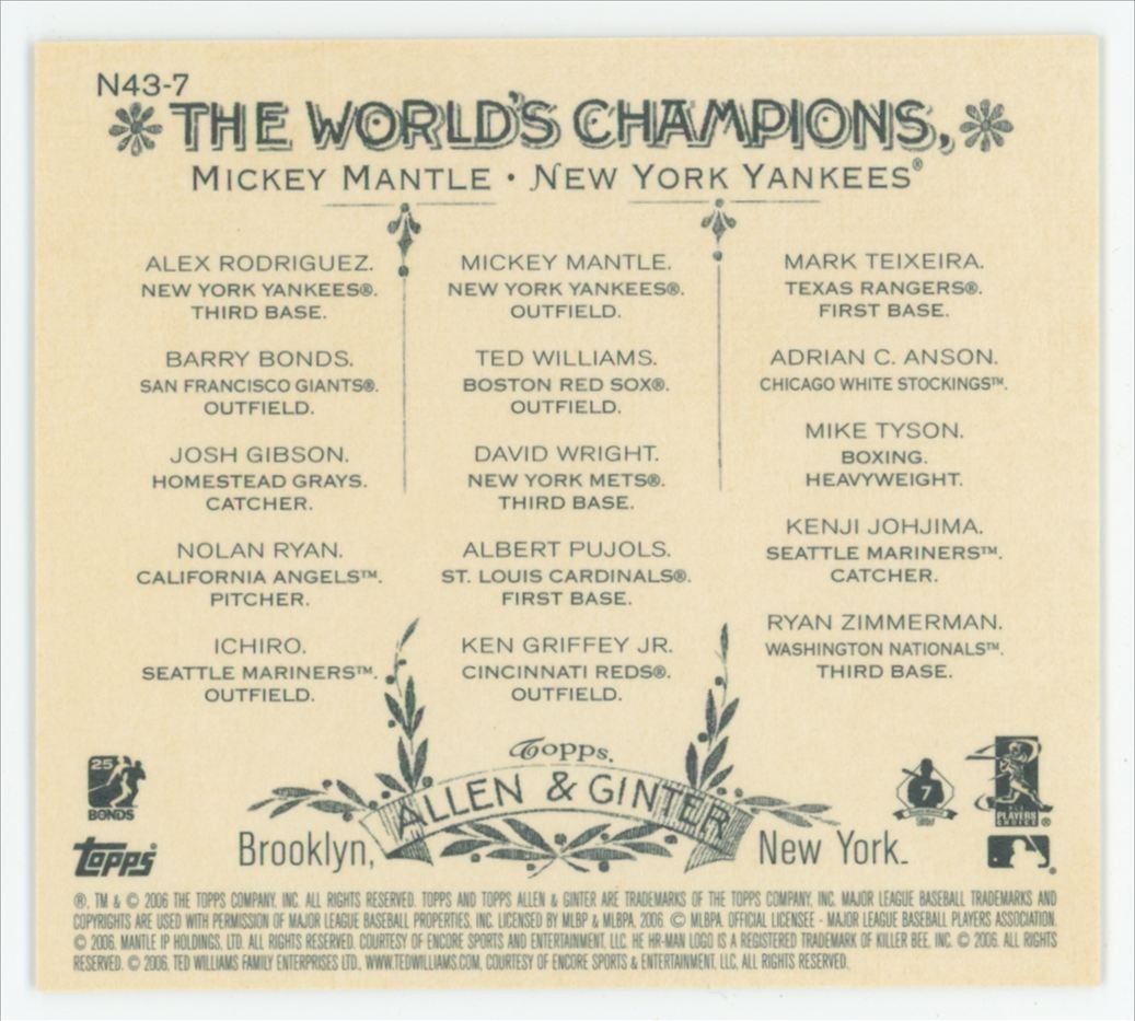 Mickey Mantle 2006 Topps Allen & Ginter Box Loader Topper A #N43-7 New York