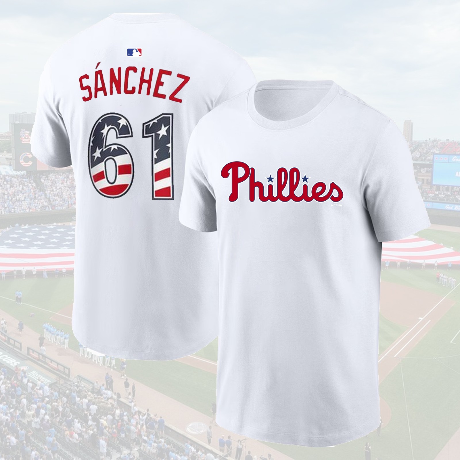 Philadelphia Phillies #61 Cristopher Sánchez USA 250 Fourth of July Name & Numb