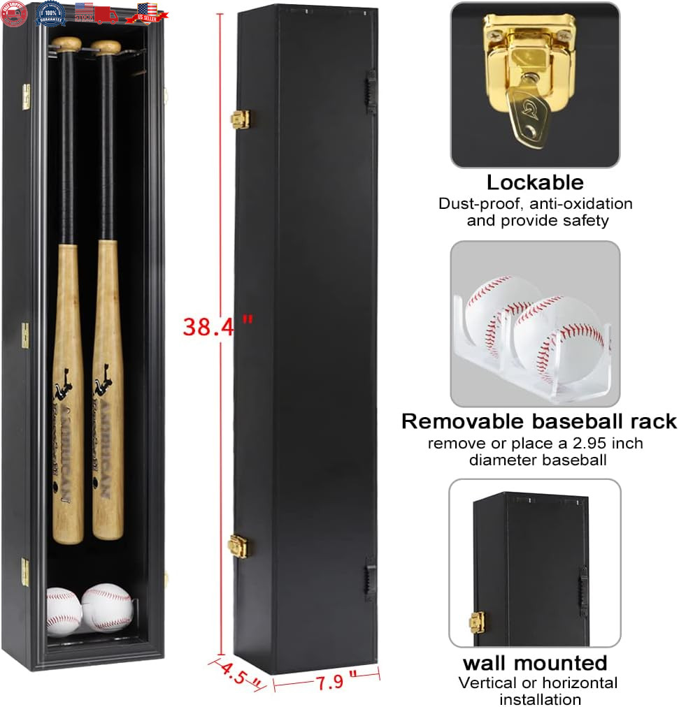 2 Baseball Bat Display Case Wooden Frame with Acrylic Transparent Door Holder