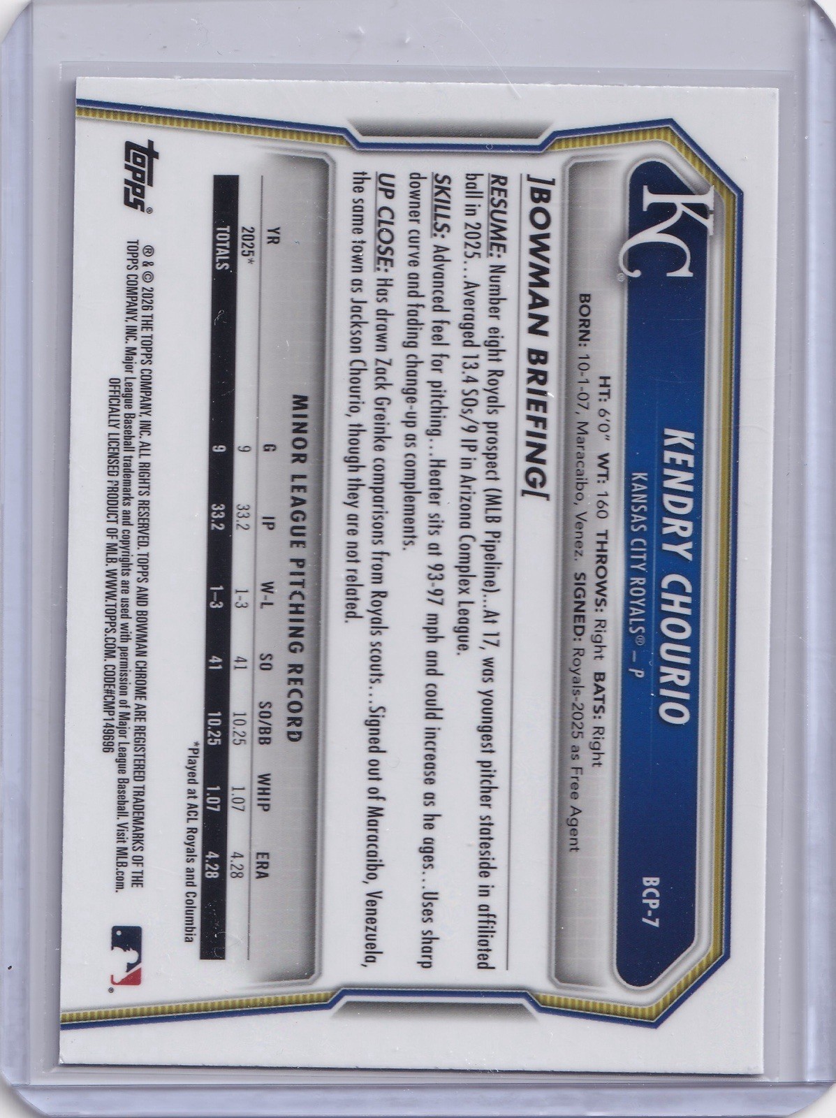 2026 Bowman Chrome 1st Kendry Chourio #BCP-7 Navy Mojo Refractor 029 /175