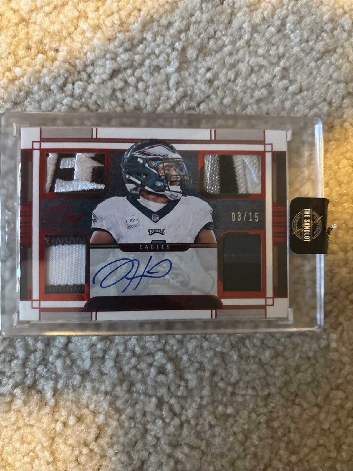 2023 Panini Jalen Hurts Quad Patch ON CARD AUTO /15 chase Pack! ONE IN 5 CHANCE