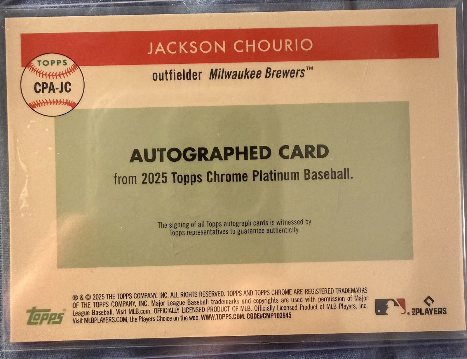 2025 Topps Chrome Platinum Jackson Chourio Blue Toile ON CARD Auto /99 Brewers