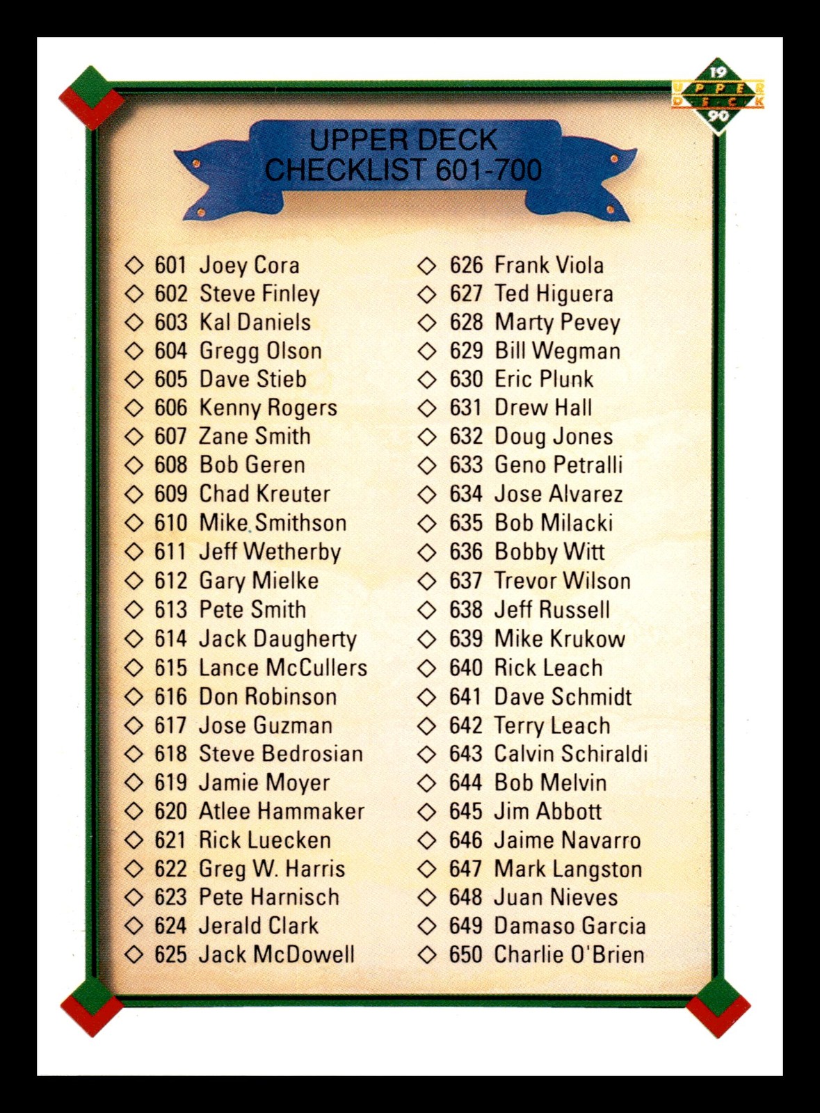 1990 Upper Deck Checklist: 601-700 #700b Mint