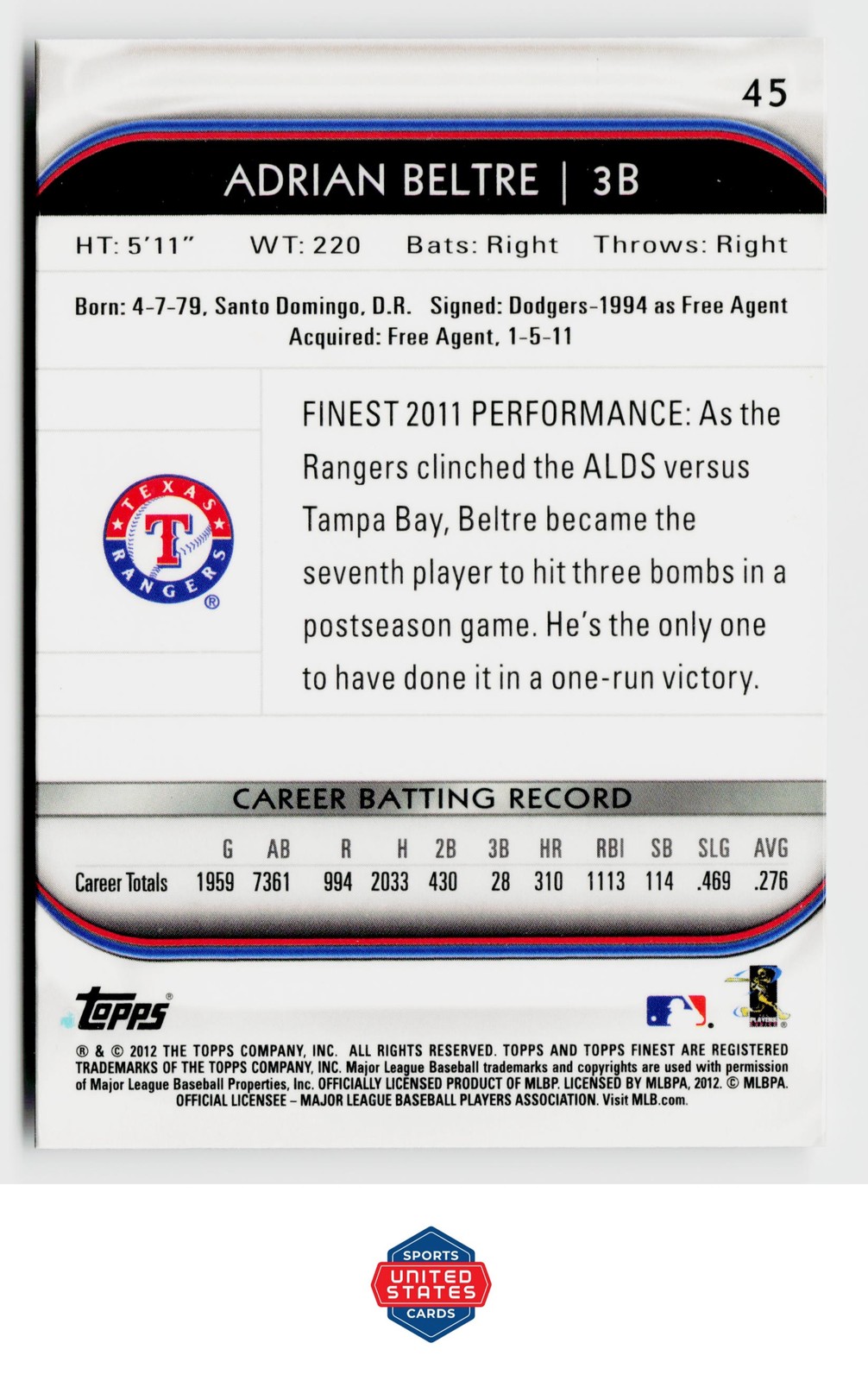 2012 Finest #45 Adrian Beltre