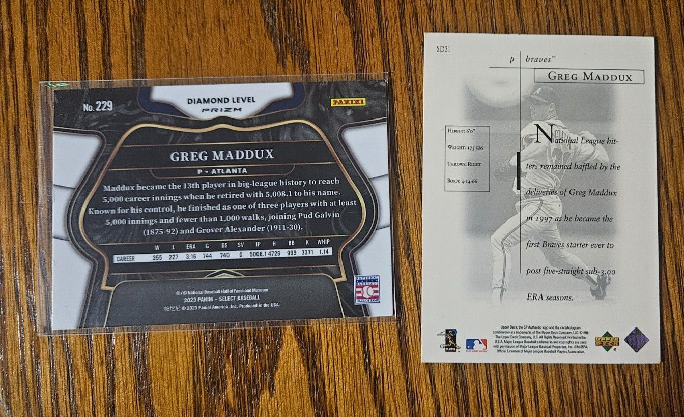 Greg Maddux -2023 Select Diamond Level Blue Retail +1998 SP Sheer Dominance