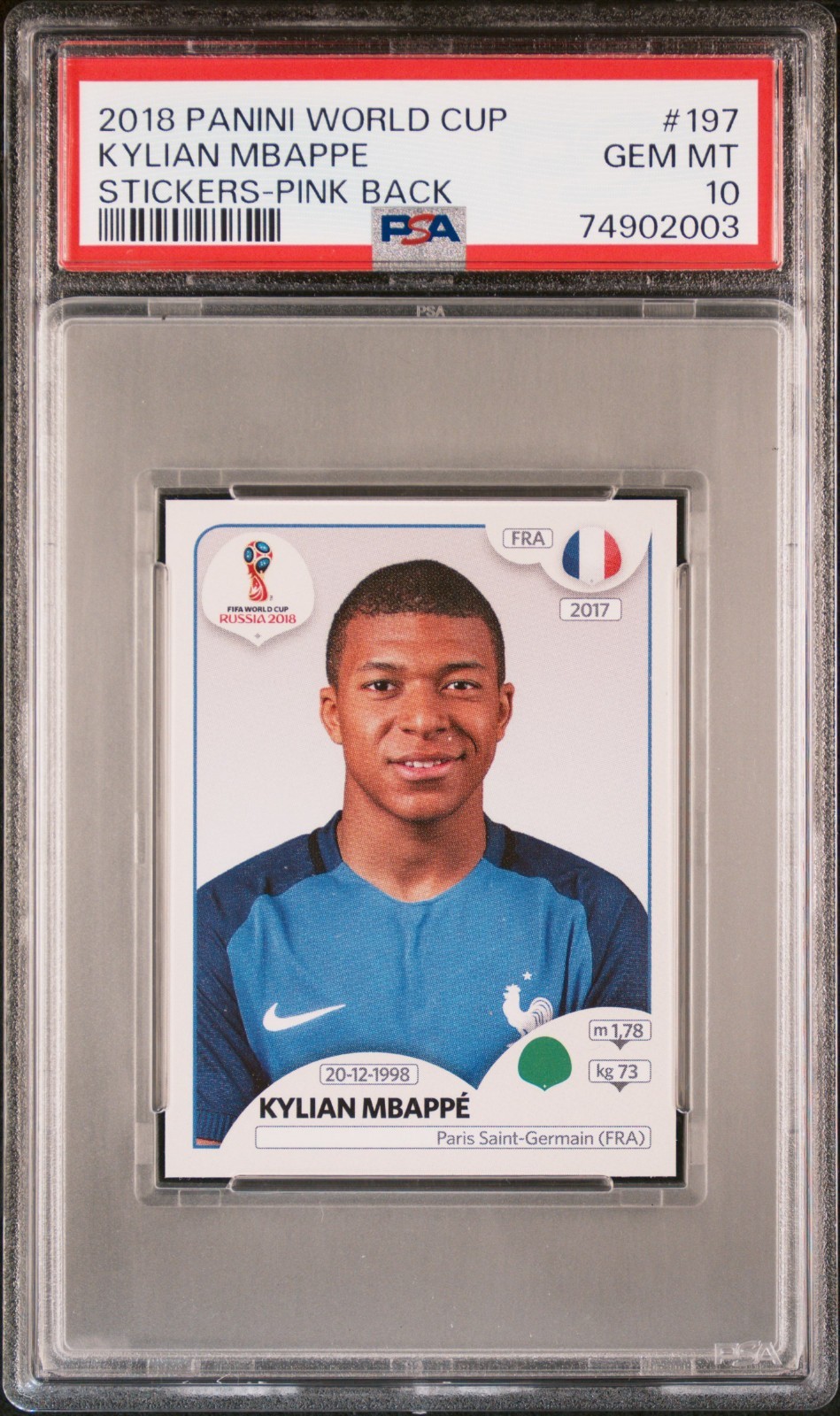 PSA 10 Kylian Mbappe RC 2018 Panini World Cup Stickers Pink Back Real Madrid