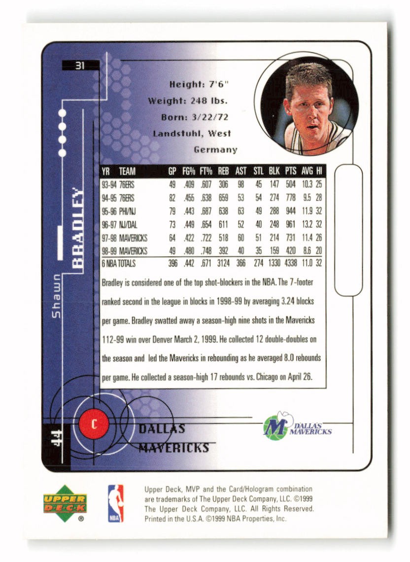 1999-00 Upper Deck MVP Shawn Bradley #31 Dallas Mavericks