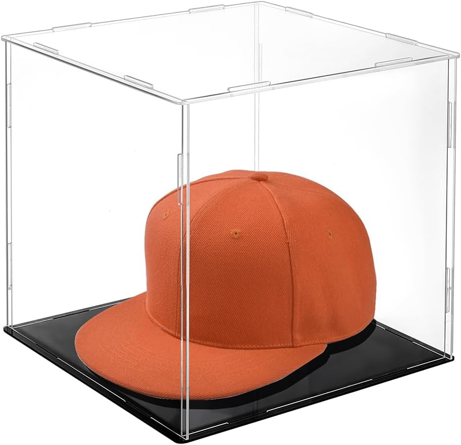 Display Case Clear Cube Baseball Holder Hat Box with Black Base