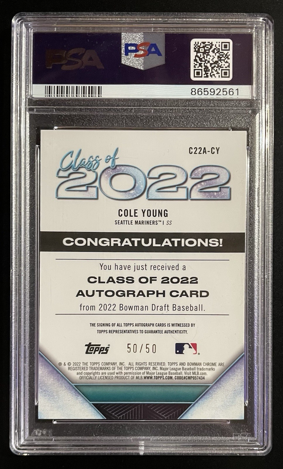 Cole Young 2022 Bowman Draft Chrome Gold Refractor Auto /50 PSA 10 #C22ACY