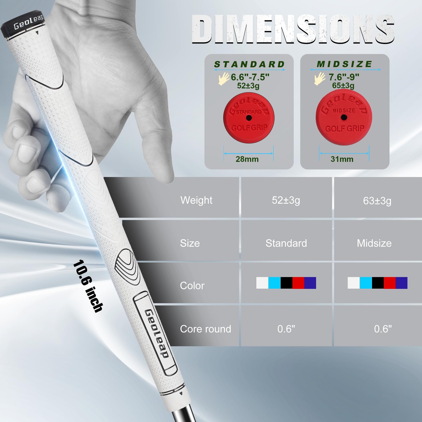 Geoleap Rubber Golf Midsize, White-Classic( 13 Grips Only with 15 Tapes)