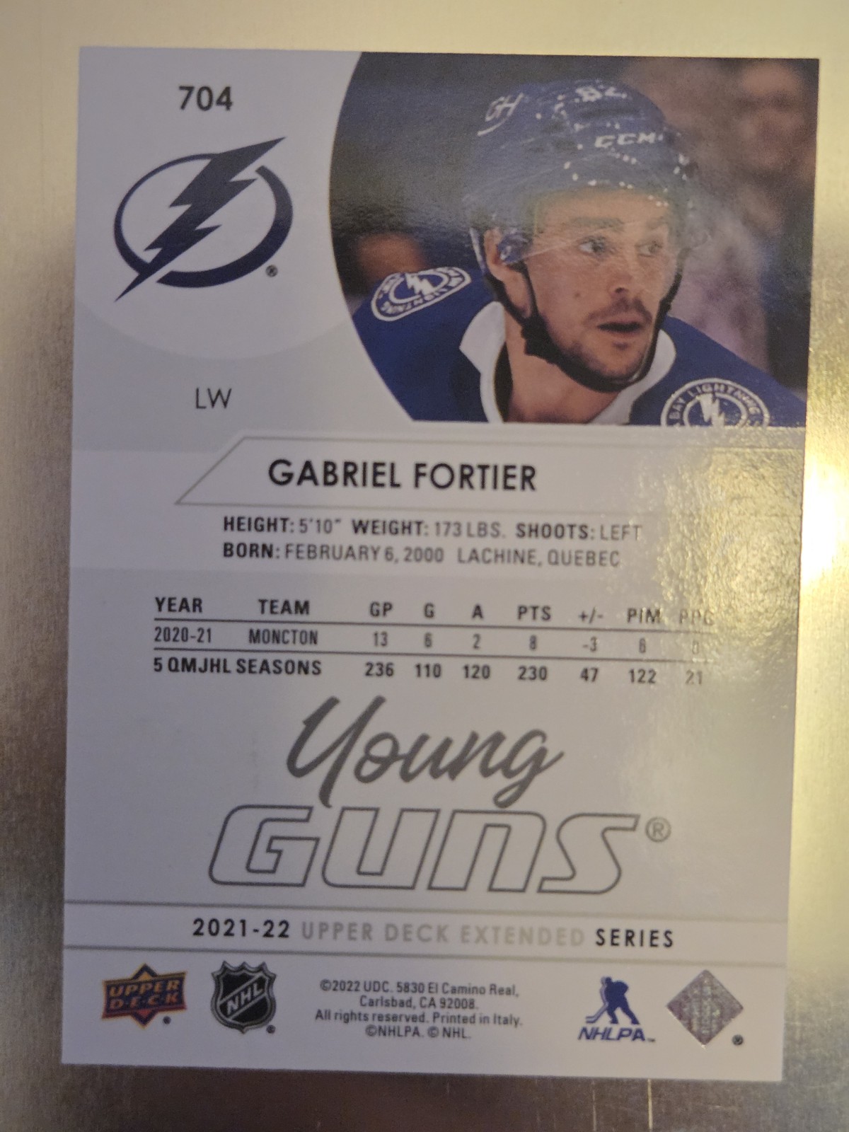 2021-22 Upper Deck Young Guns YG Gabriel Fortier Rookie Card RC #704 Lightning