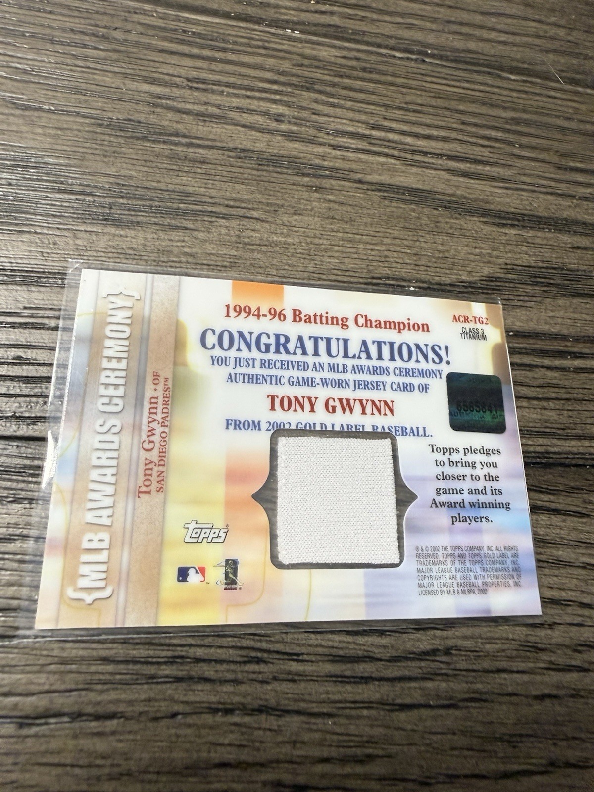 2002 Topps Gold Label – Mlb Awards Ceremony Relic Tony Gwynn #ACR-TG2 Class 3…