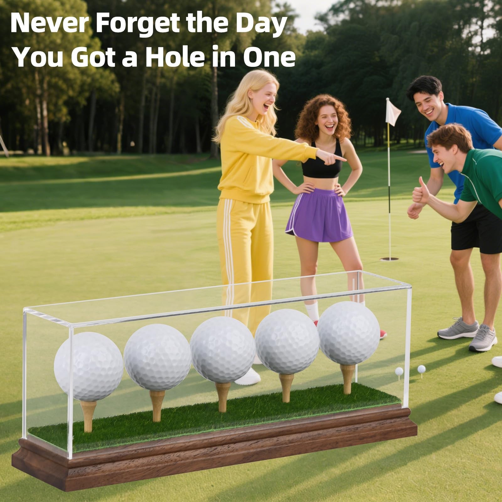 Acrylic 5 Golf Ball Display Case Walnut Wood Base UV Protection Stand Holder