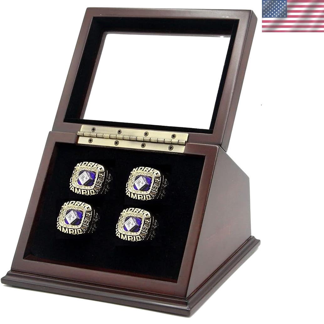 Elegant 4-Slot Wooden Display Case for Championship Rings – Brown Finish