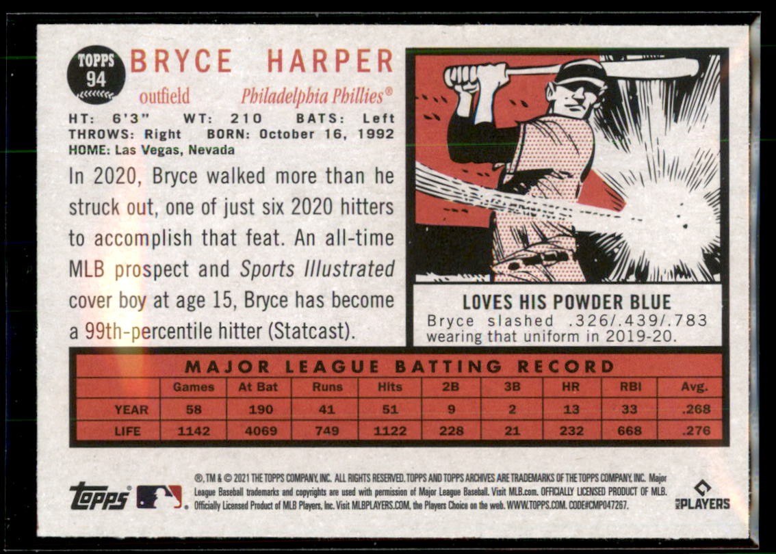 2021 Topps Archives Bryce Harper #94 Philadelphia Phillies