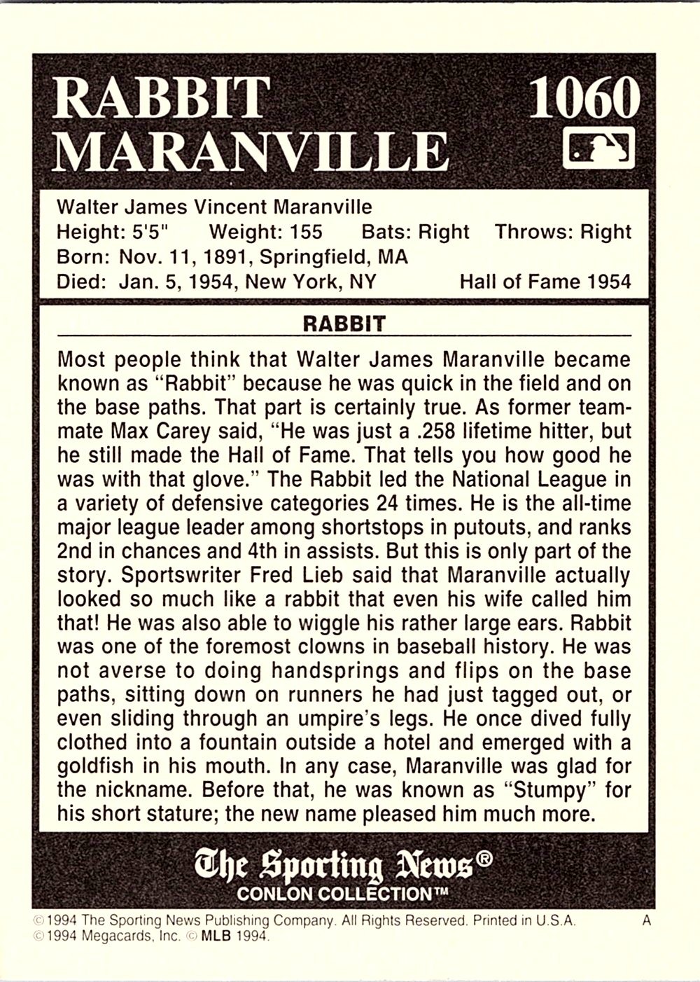 1994 Conlon Collection TSN #1060 Rabbit Maranville Burgundy