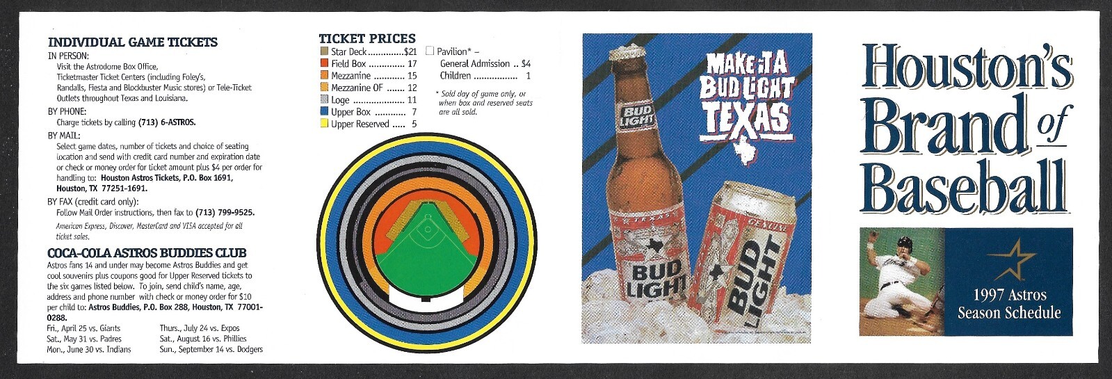 1997 HOUSTON ASTROS Bud Light Regular Season POCKET SCHEDULE EX-MINT