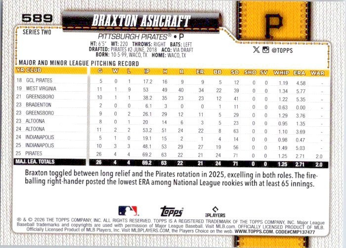 Braxton Ashcraft Series 2 2026 Topps Free Shipping Pittsburgh Pirates #589