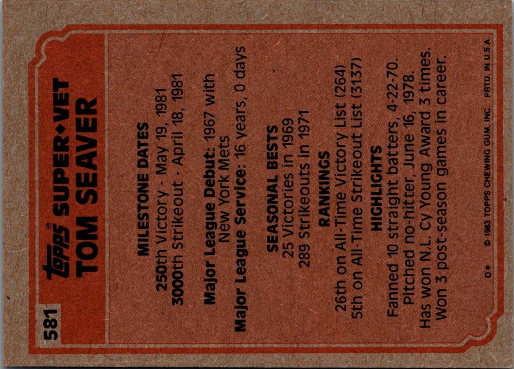 1983 Topps #581 Tom Seaver