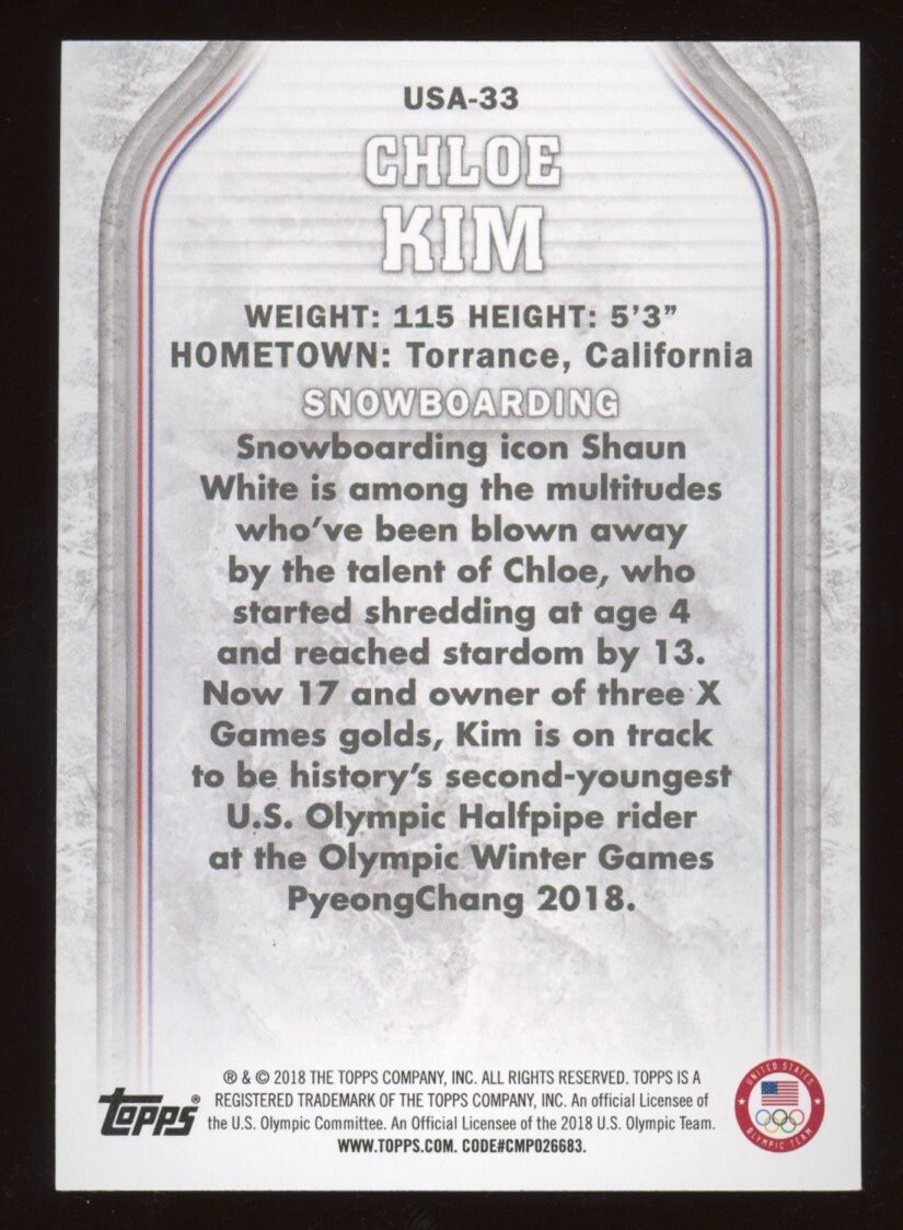 2018 Topps US Olympic & Paralympic CHLOE KIM Rookie RC Bronze Milan Cortina 2026