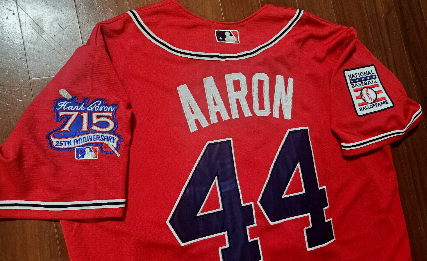 Brand New! Atlanta Braves #44 Hank Aaron Cooperstown 2patch sewn Jersey Red Mens