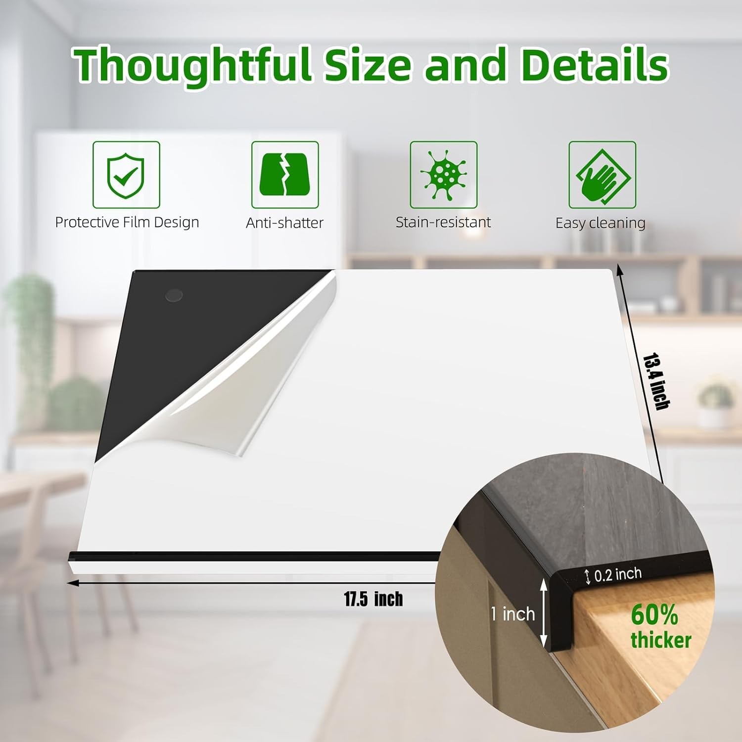 Acrylic Cutting Board with Counter Lip | 60% Thicker & 17″L x 13.4″W, Black
