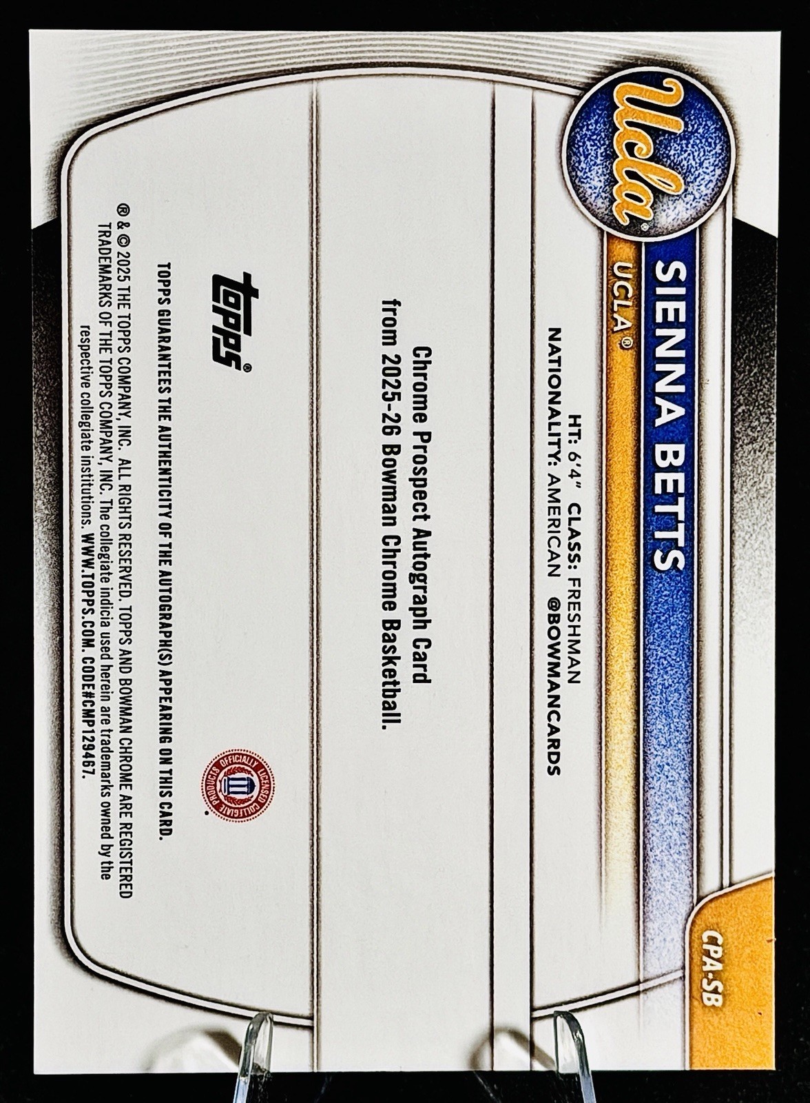 2025-26 Bowman Sienna Betts Chrome Auto Speckle Refractor 1st #/299 Bruins