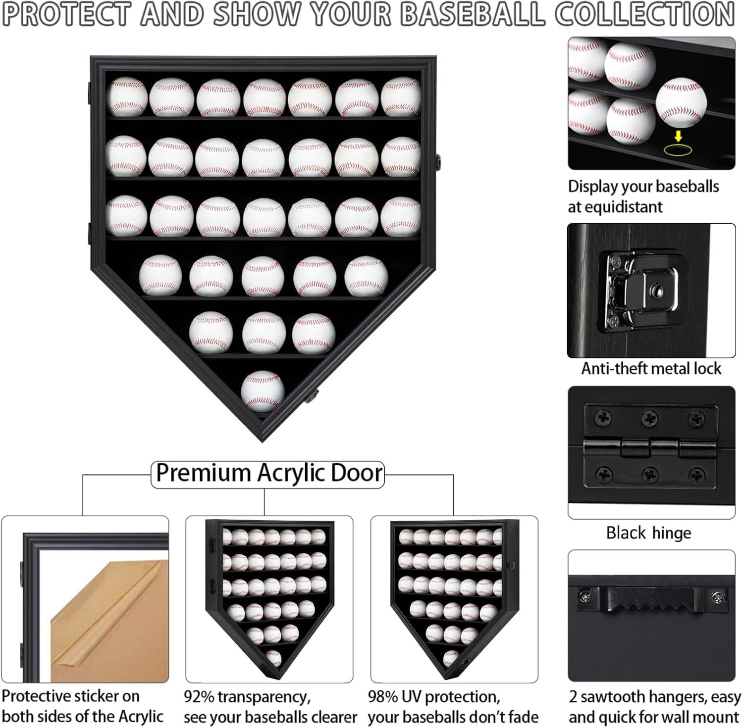 Wooden Display Case for 30 Baseballs & Rings – Shatterproof Acrylic Door