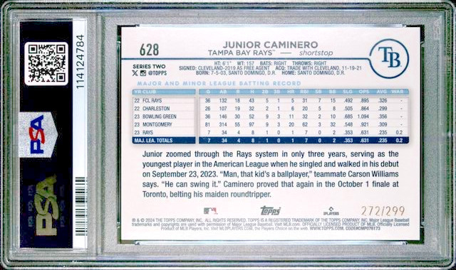 💎2024 Topps Series 2 Orange Crackle Foil /299 #628 Junior Caminero RC PSA 10💎