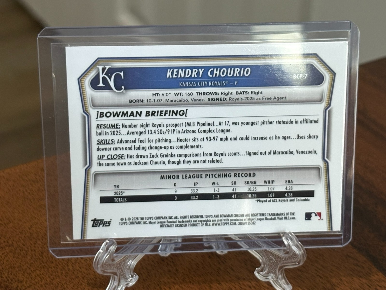 2026 Bowman Chrome Prospects 1st Kendry Chourio Lazer Refractor #BCP-7 Royals