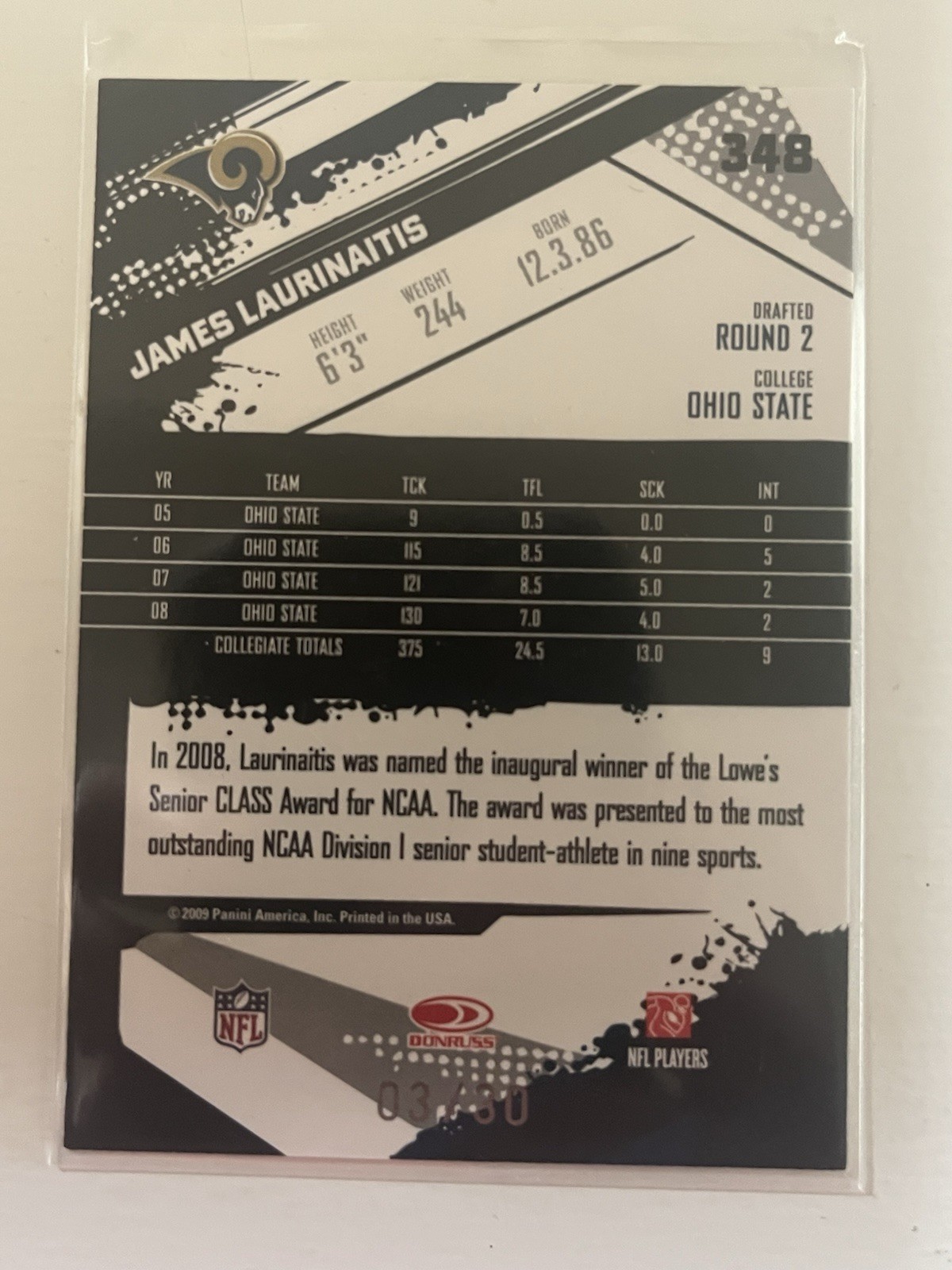 Donruss Score 2009 Inscriptions Red Zone #348 James Laurinaitis Rookie Rams /30