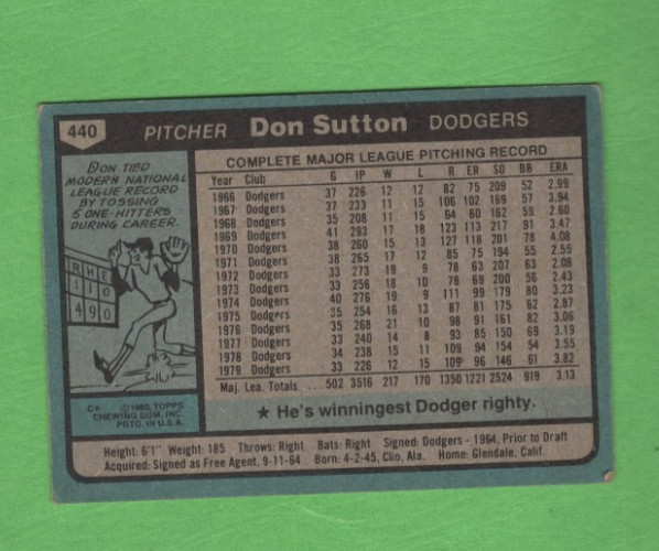 1980 TOPPS Baseball DON SUTTON #440 HOF Los Angeles DODGERS EX Condition